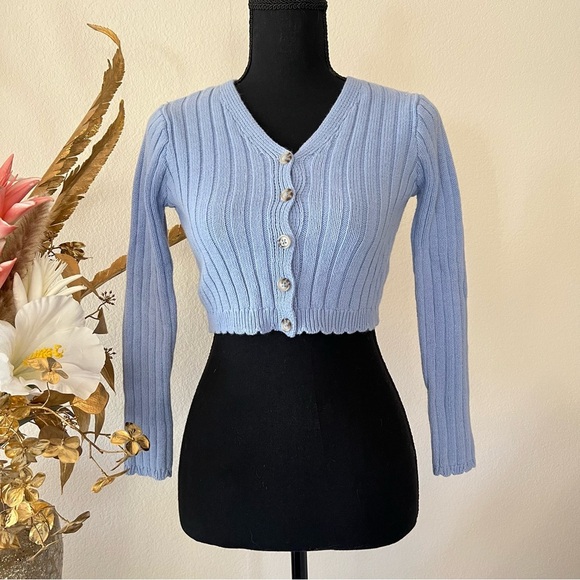 art class Sweaters - Cropped Light Blue Button Ribbed Cardigan